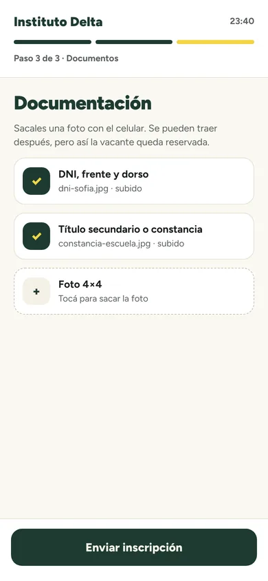Inscripción online con carga de documentos desde el celular
